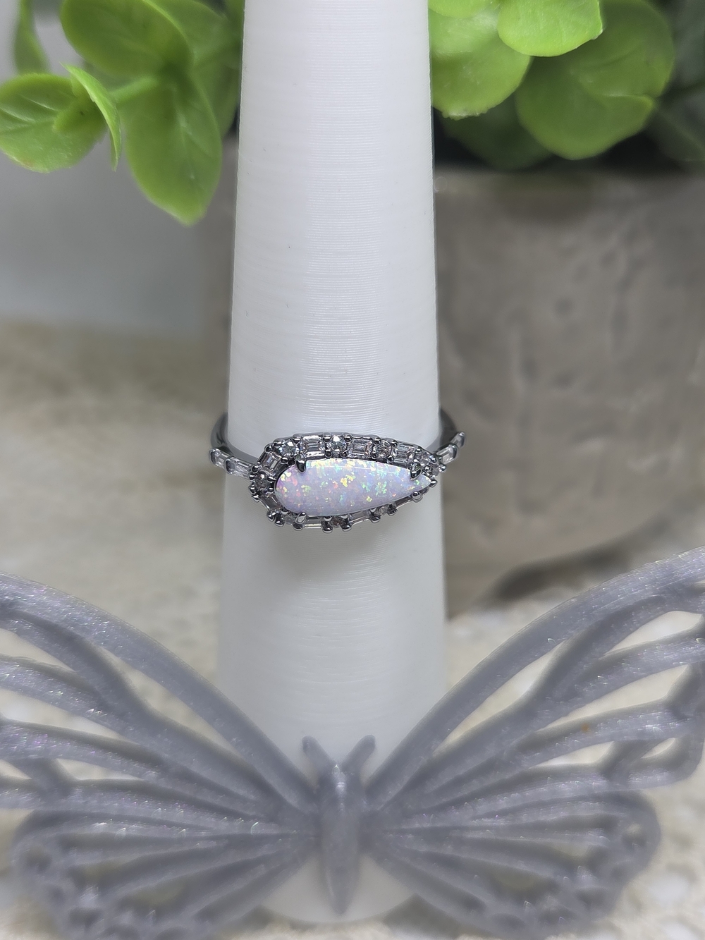 BP Milky White Opal Marquise Halo Ring On Hematite Plating